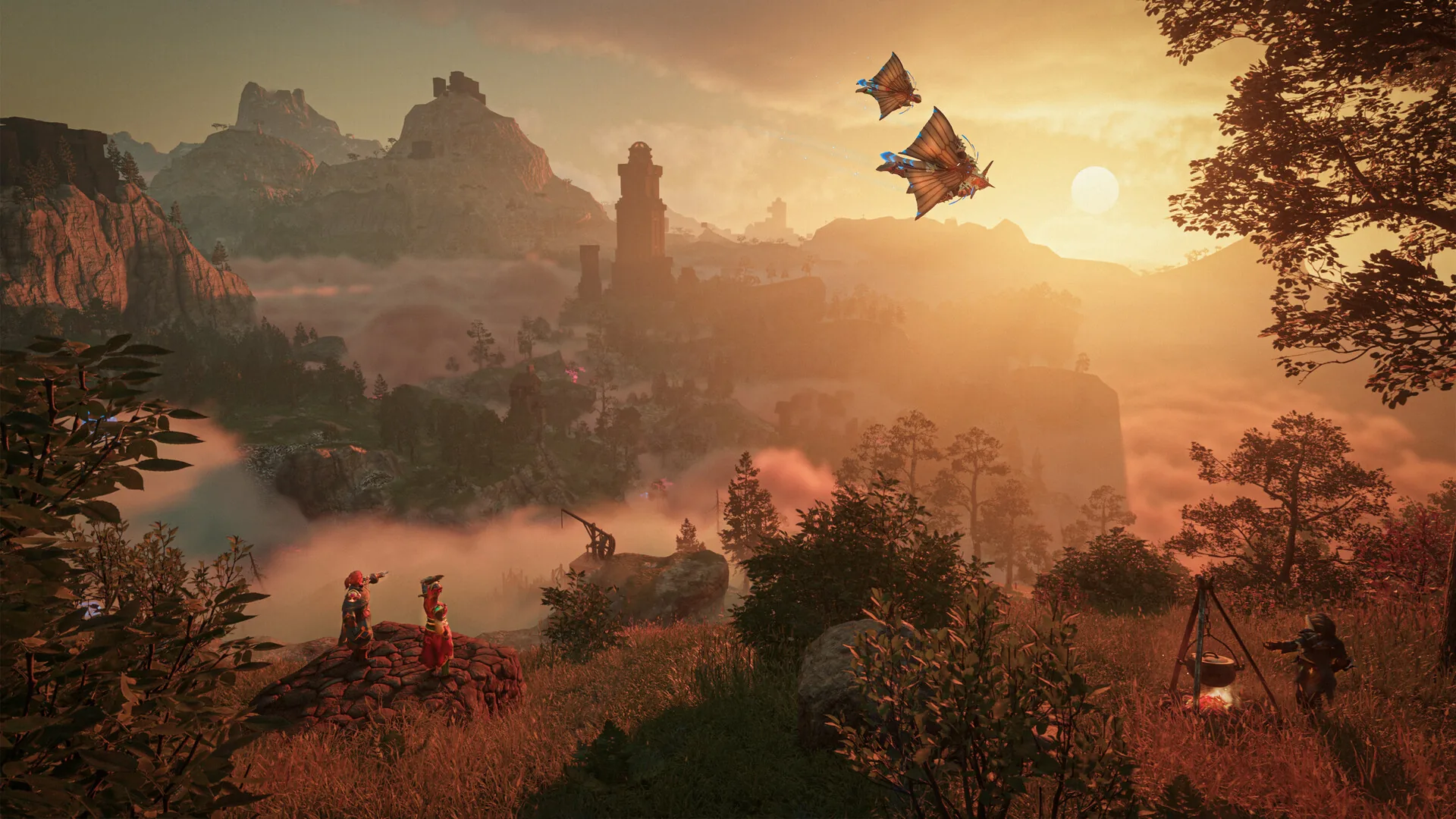 Two Flameborn stand on a rock above sunset fog, with a flying dragon and a ruined tower in the distance