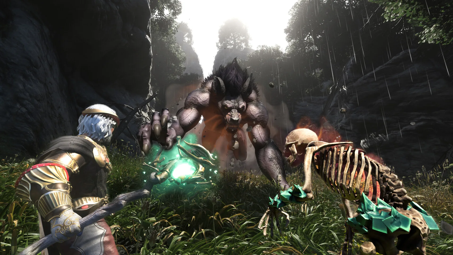 A mage casts a green spell beside a summoned skeleton as a large beast charges