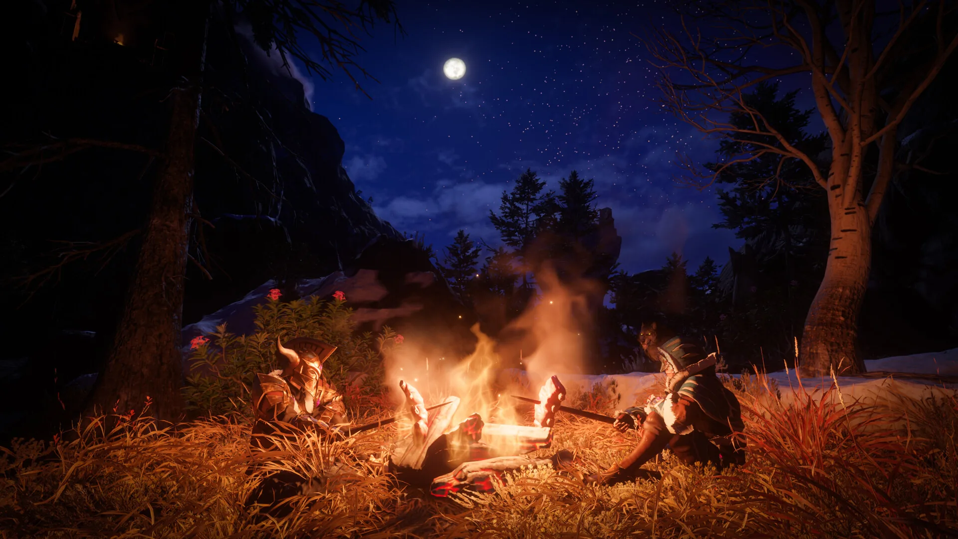 Two characters rest by a campfire under a full moon in a snowy forest