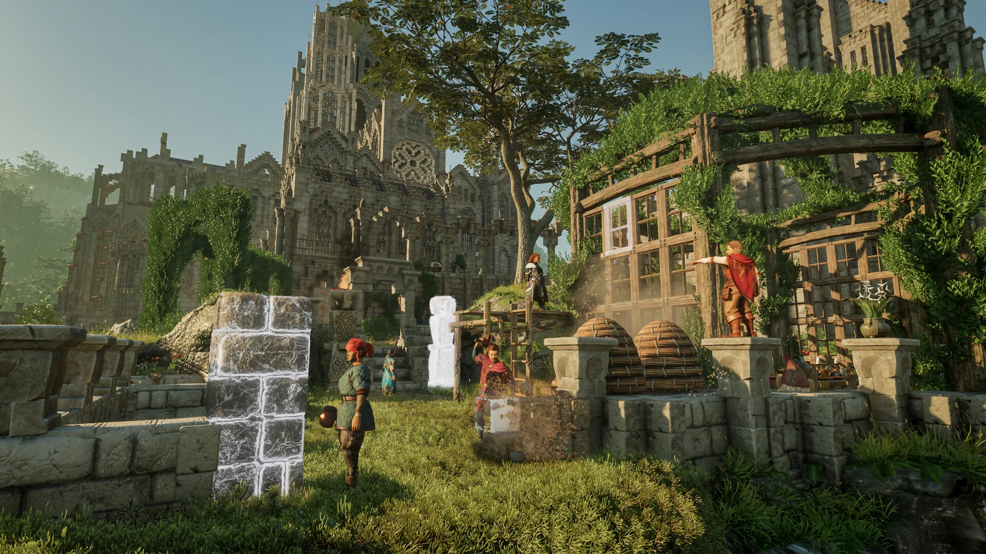 Players raise a timber house against a ruined stone cathedral