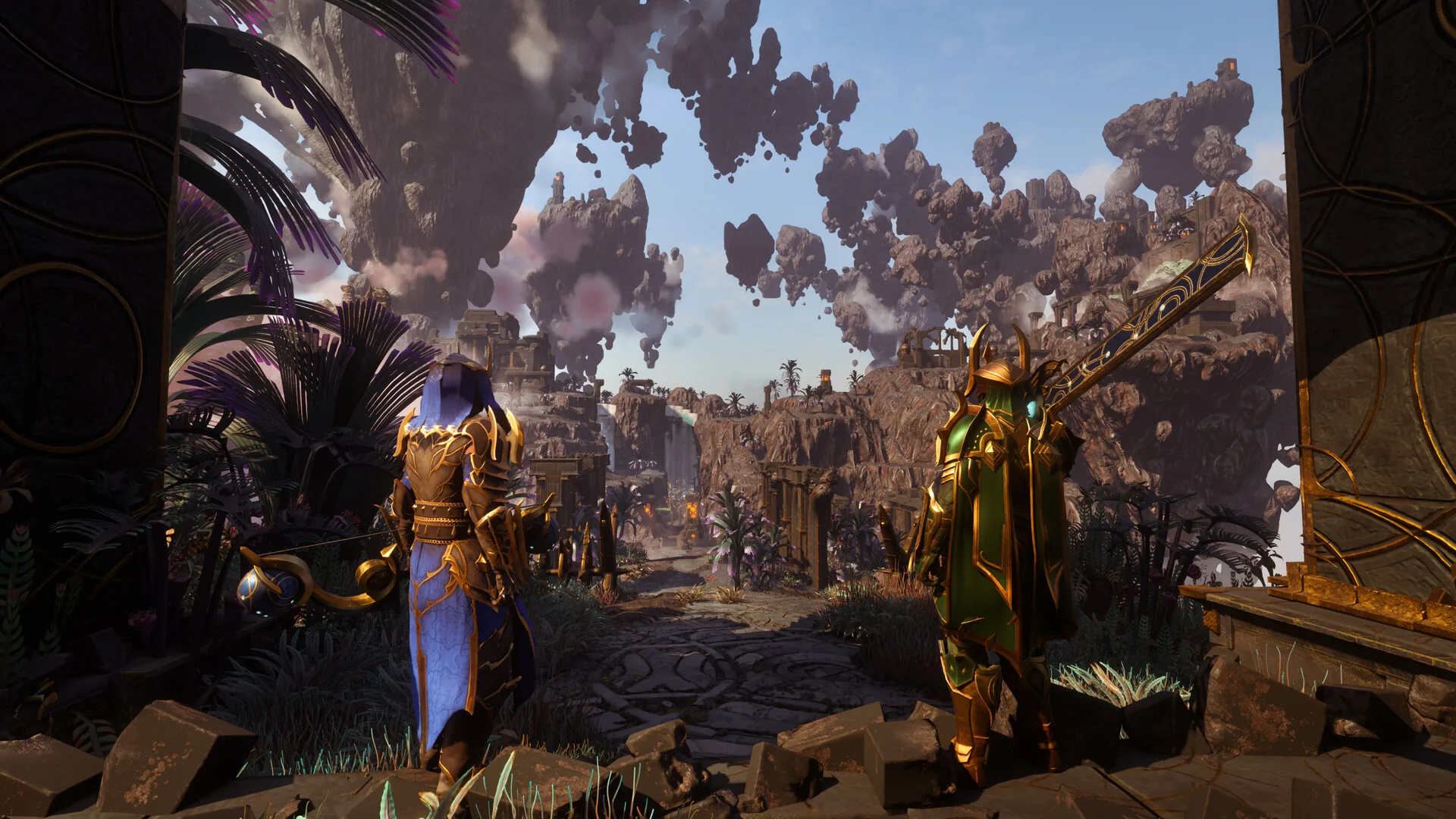 Two armored characters look out at floating rocks and ruined towers
