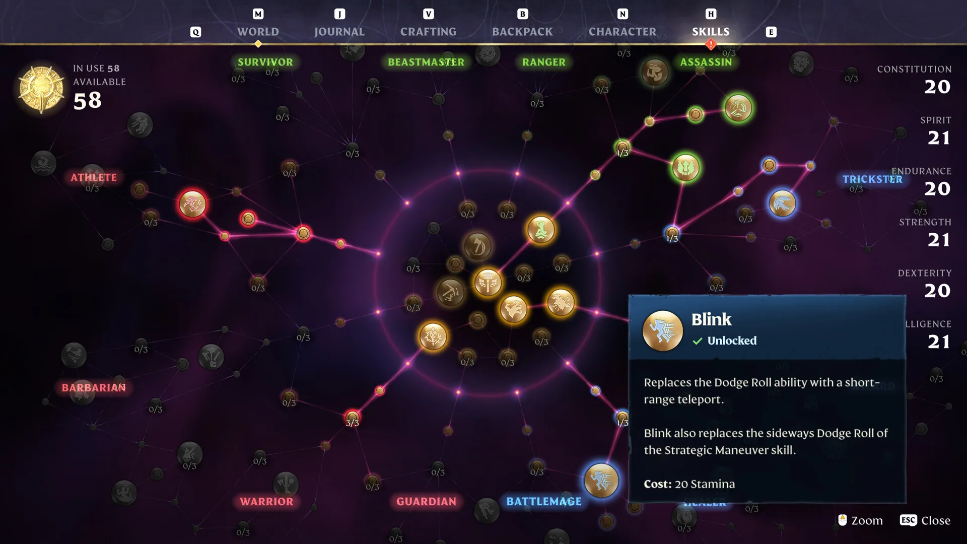 Enshrouded Skills menu with the Blink node unlocked on the purple skill web