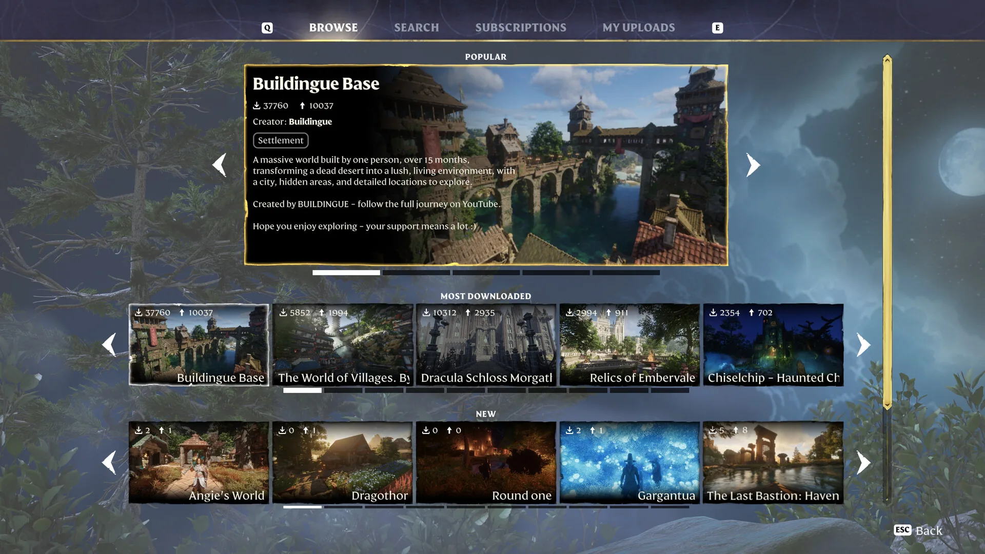 Adventure Sharing browse screen listing player-made settlements